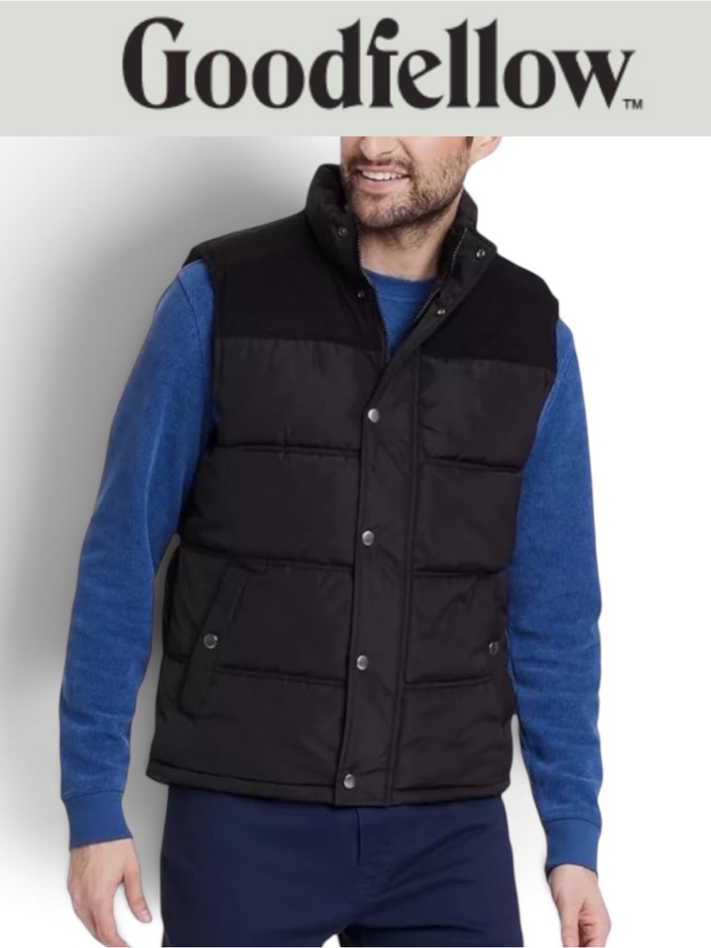 NWT GOODFELLOW MENS MIDWEIGHT BLACK PUFFER VEST WITH CORDUROY ACCENTS SIZE XL